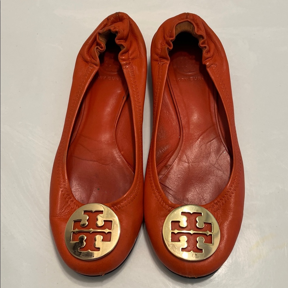 Tory Burch Orange Leather Logo Ballet Flats